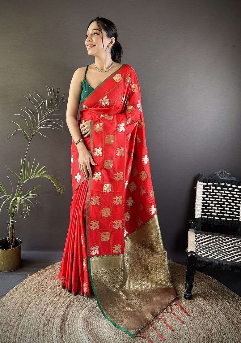 Red Embroidered Blended Saree Set for Diwali and Festive Wear - Indya
