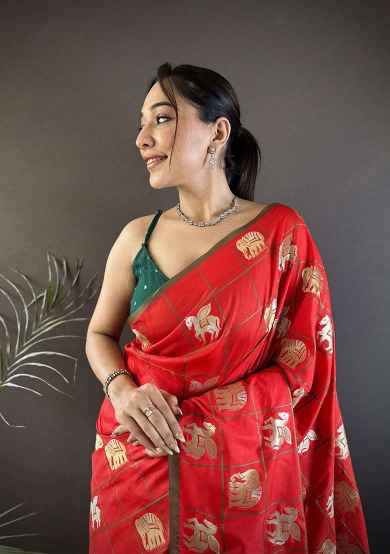 Red Embroidered Blended Saree Set for Diwali and Festive Wear - Indya