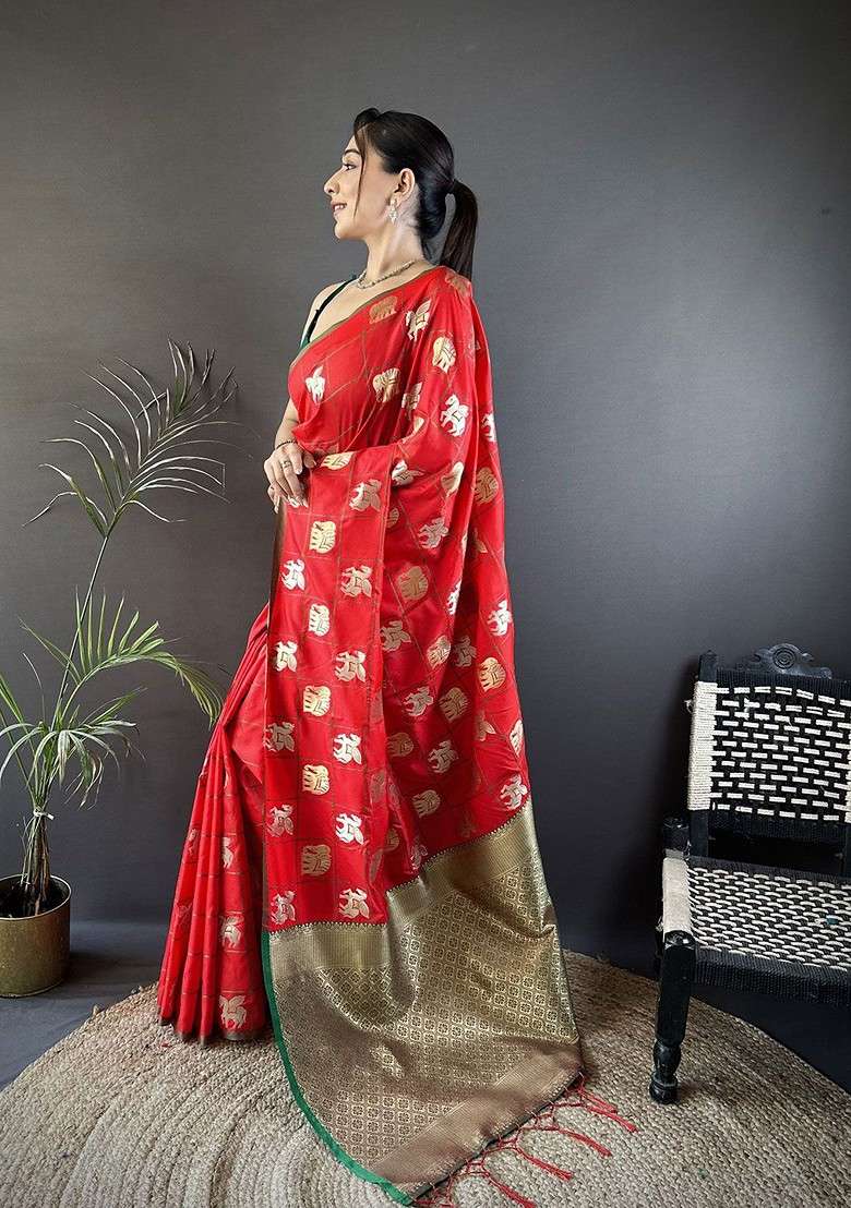 Red Embroidered Blended Saree Set for Diwali and Festive Wear - Indya