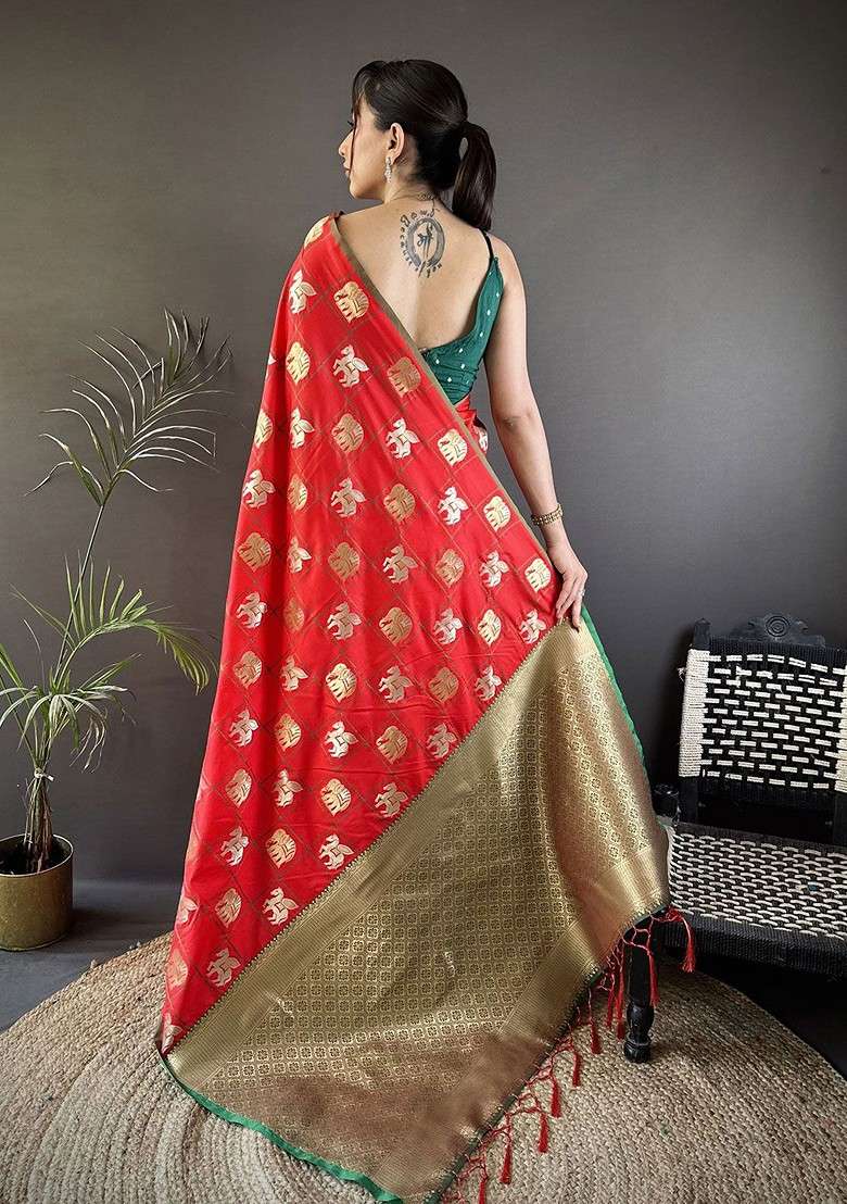 Red Embroidered Blended Saree Set for Diwali and Festive Wear - Indya