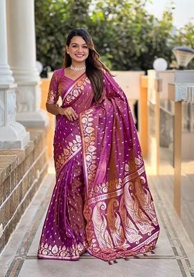 Magenta Embroidered Blended Saree Set