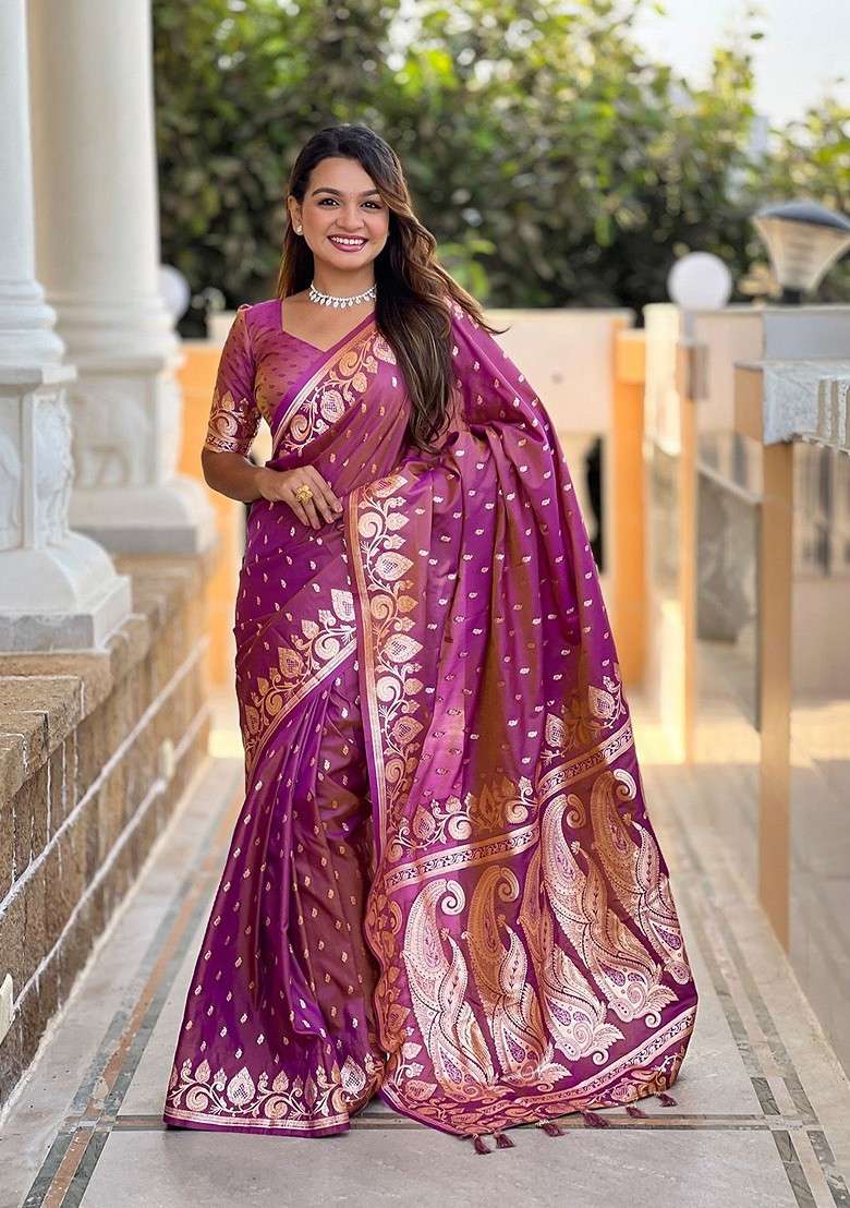 Magenta Embroidered Blended Saree Set - Indya