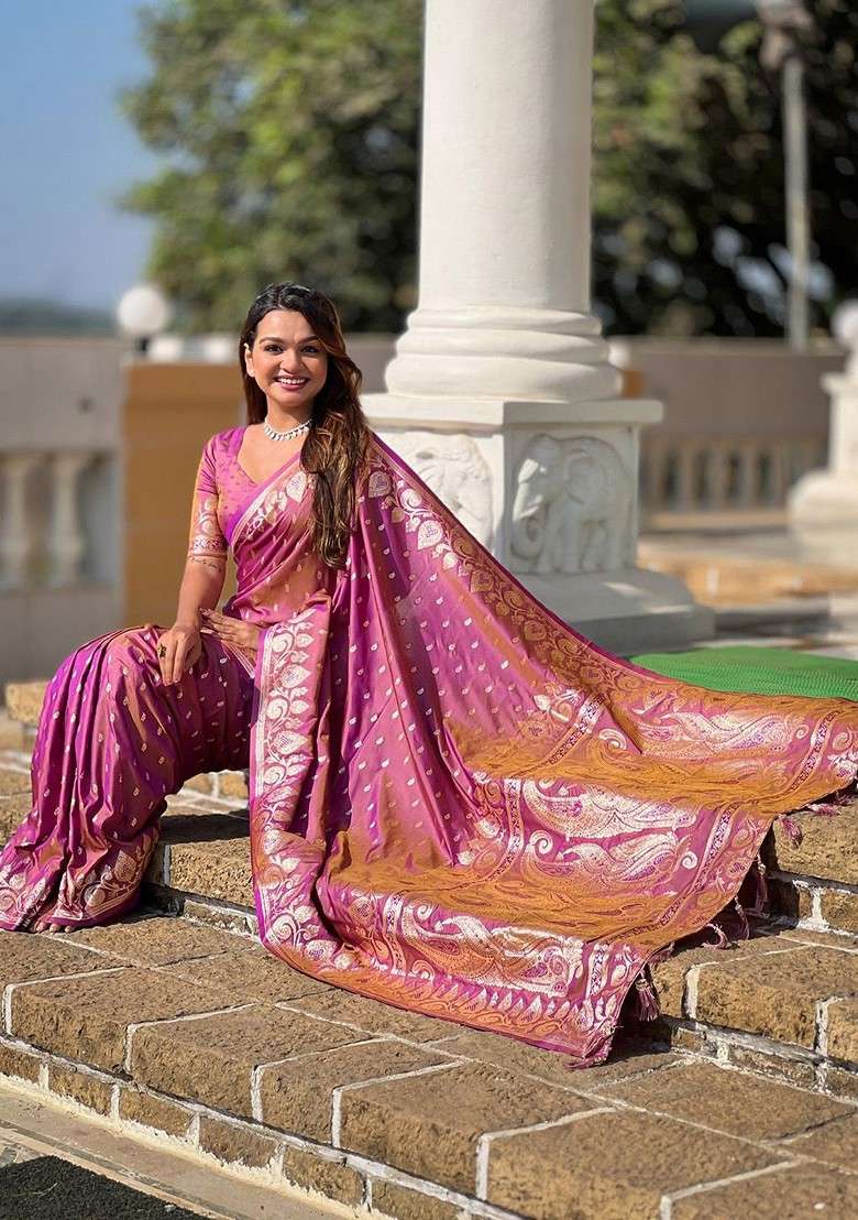 Magenta Embroidered Blended Saree Set - Indya