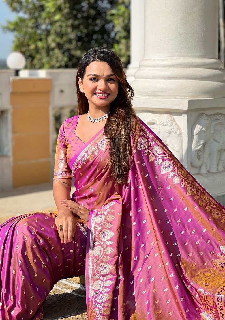 Magenta Embroidered Blended Saree Set - Indya