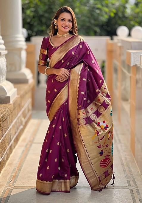 Purple Embroidered Blended Saree Set