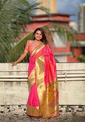 Peach Embroidered Blended Saree Set