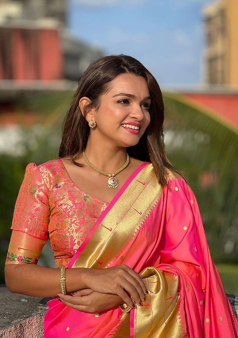 Peach Embroidered Blended Saree Set for Diwali and Festive Wear - Indya