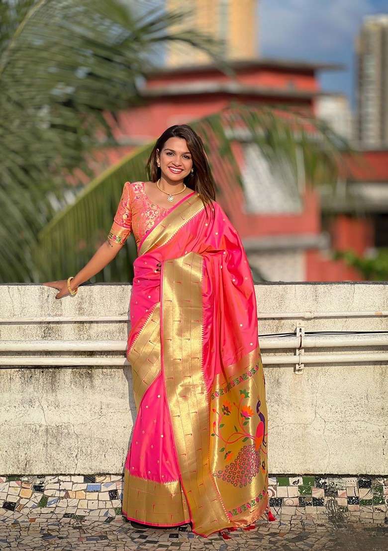 Peach Embroidered Blended Saree Set for Diwali and Festive Wear - Indya