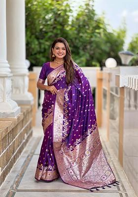 Purple Jacquard Blended Saree Set