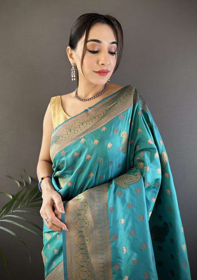 Teal Blended Saree Set with Embroidered for Diwali | Wedding & Festive Wear - Indya