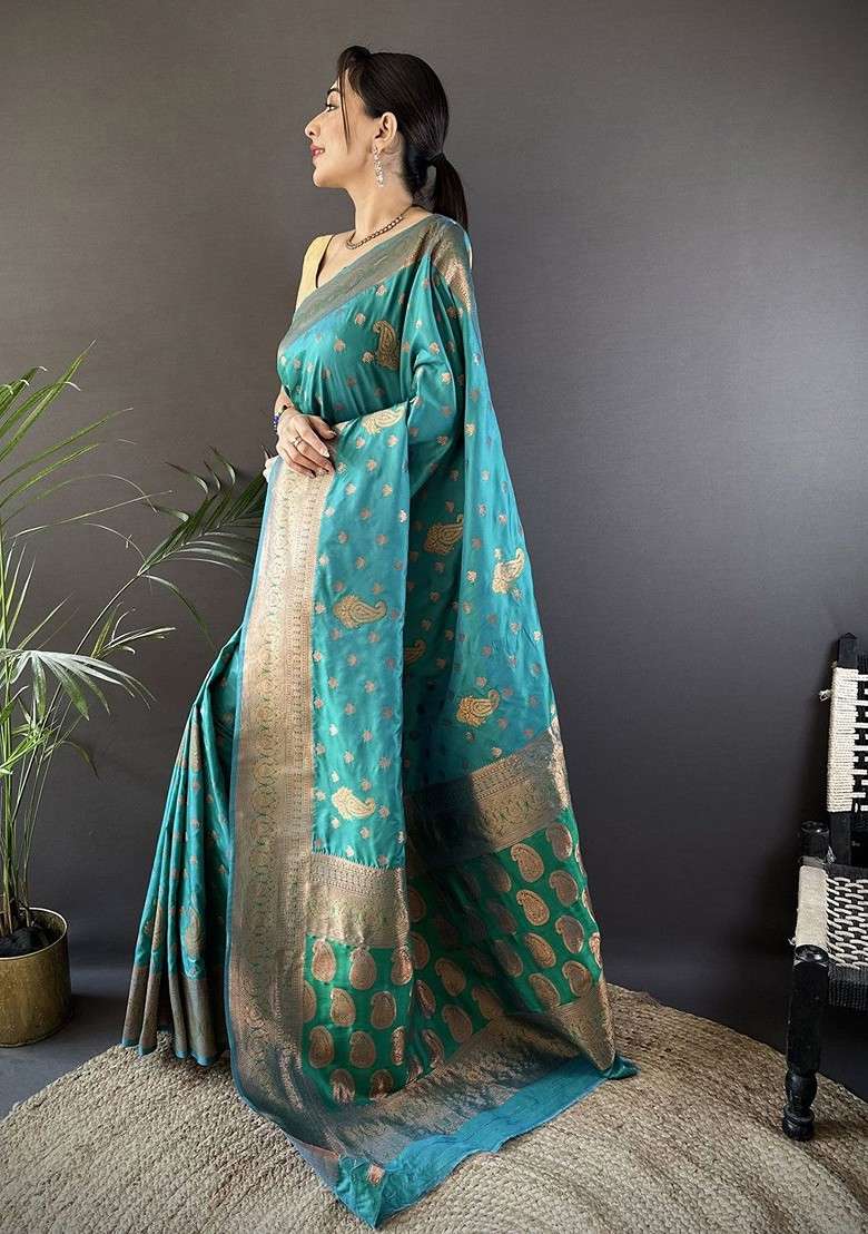 Teal Blended Saree Set with Embroidered for Diwali | Wedding & Festive Wear - Indya