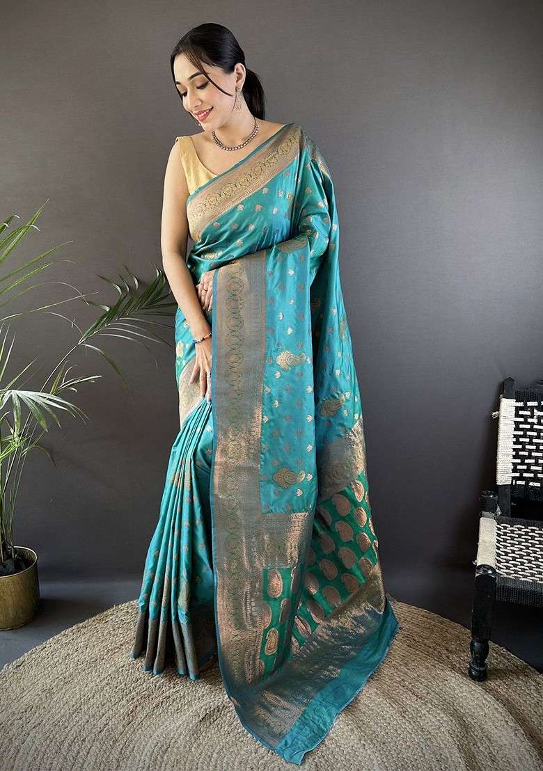 Teal Blended Saree Set with Embroidered for Diwali | Wedding & Festive Wear - Indya