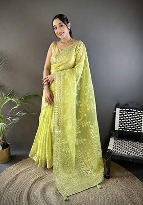 Lime Green Embellished Blended Saree Set