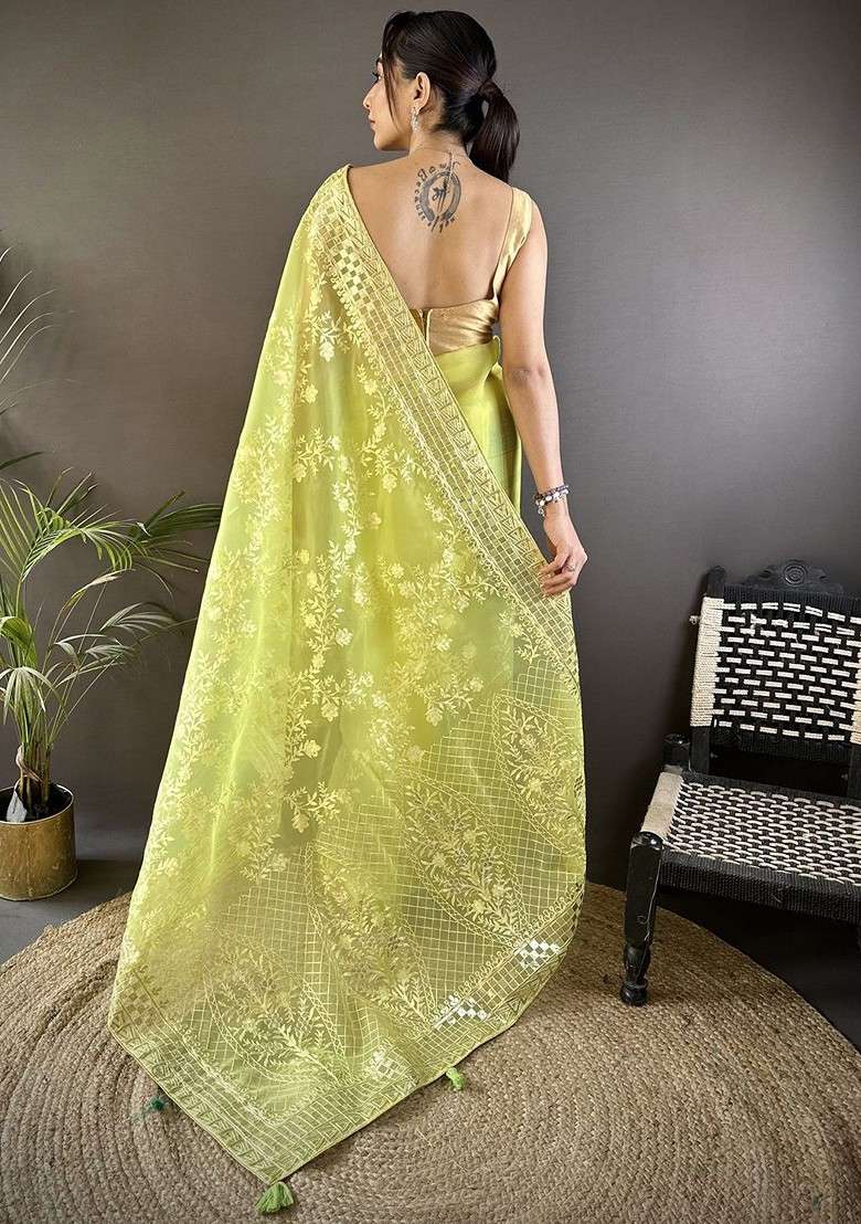 Lime Green Embellished Blended Saree Set for Diwali | Wedding & Festive Wear - Indya