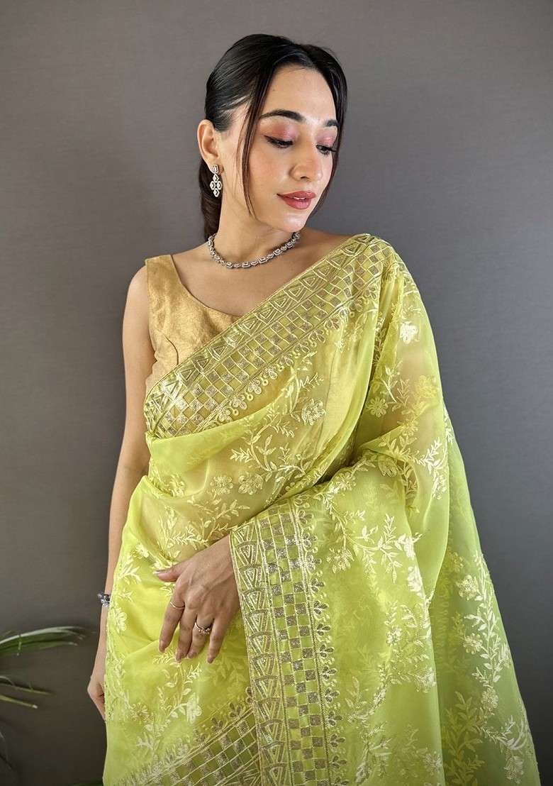 Lime Green Embellished Blended Saree Set for Diwali | Wedding & Festive Wear - Indya