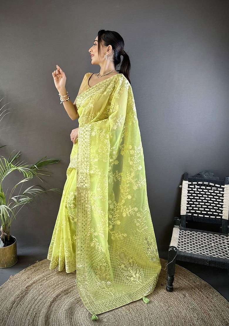 Lime Green Embellished Blended Saree Set for Diwali | Wedding & Festive Wear - Indya