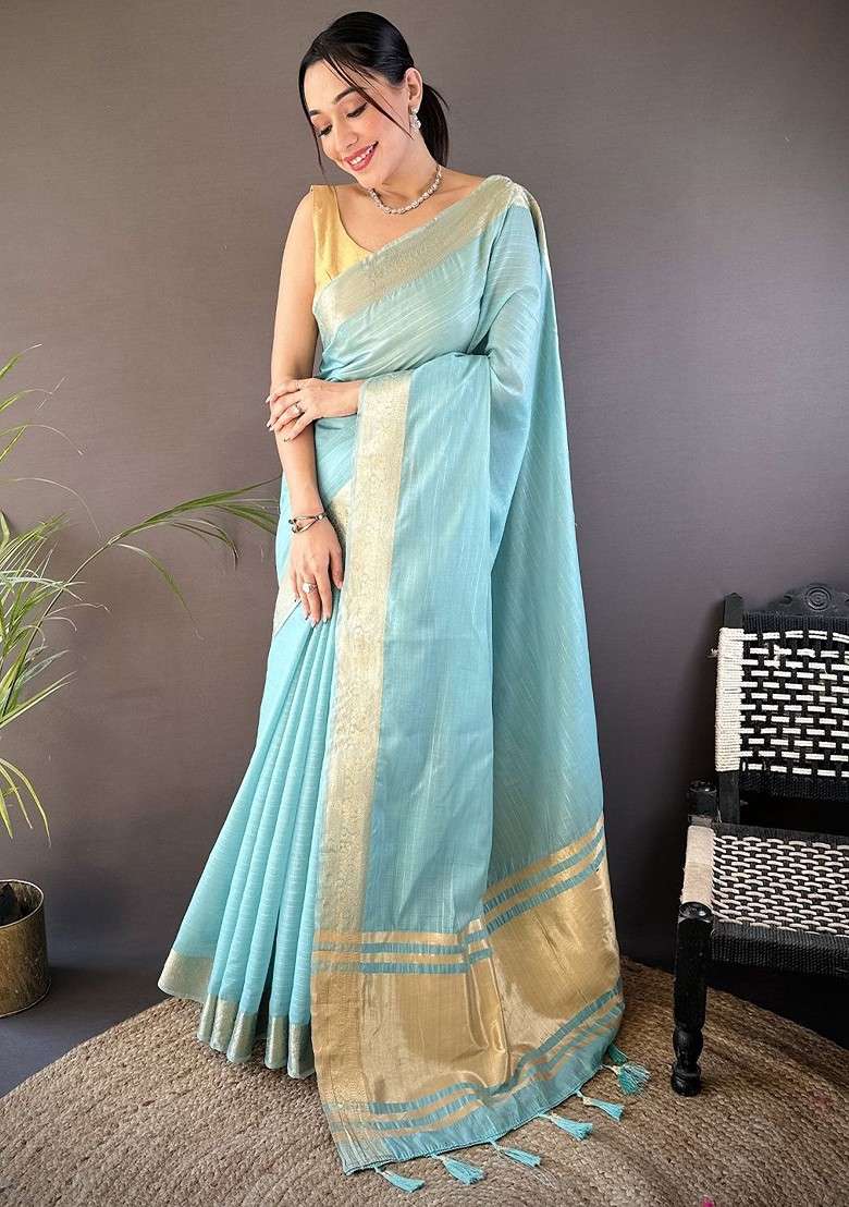 Blue Blended Saree Set with Embroidered for Diwali | Wedding & Festive Wear - Indya