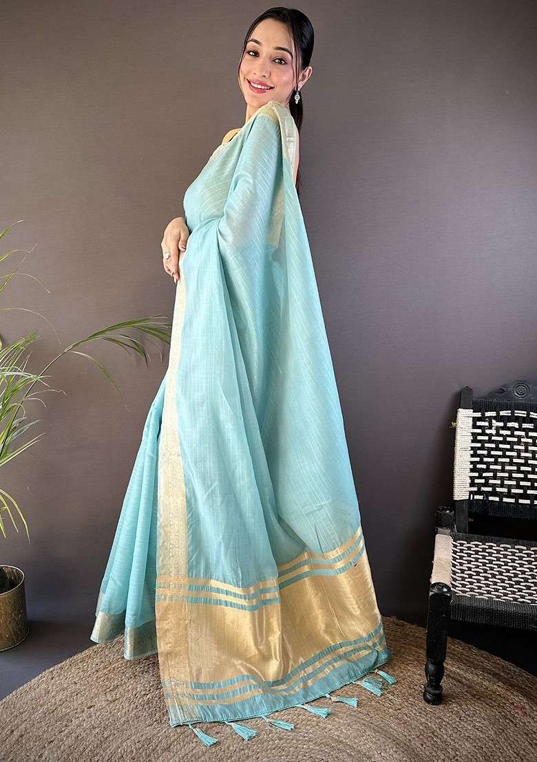 Blue Blended Saree Set with Embroidered for Diwali | Wedding & Festive Wear - Indya