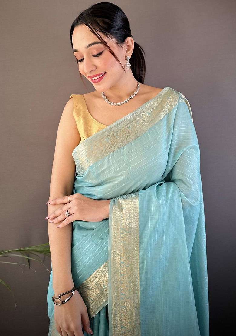 Blue Blended Saree Set with Embroidered for Diwali | Wedding & Festive Wear - Indya
