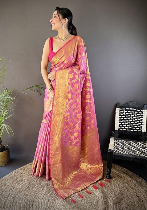 Pink Embroidered Blended Saree Set