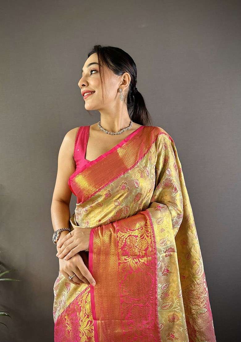 Gold Blended Saree Set with Embroidered for Diwali | Wedding & Festive Wear - Indya