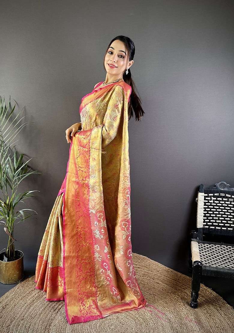 Gold Blended Saree Set with Embroidered for Diwali | Wedding & Festive Wear - Indya