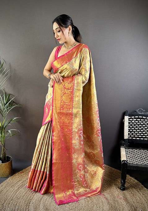 Gold Blended Saree Set with Embroidered for Diwali | Wedding & Festive Wear