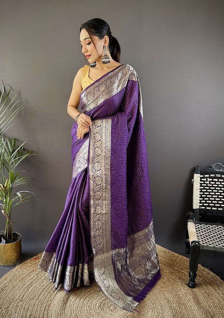 Purple Embroidered Blended Saree Set for Diwali and Festive Wear - Indya