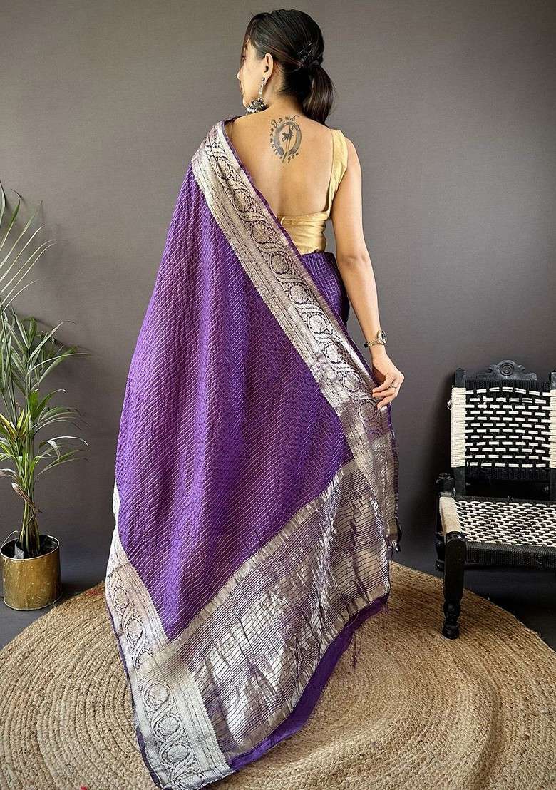 Purple Embroidered Blended Saree Set for Diwali and Festive Wear - Indya