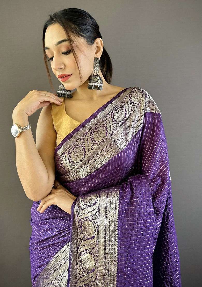 Purple Embroidered Blended Saree Set for Diwali and Festive Wear - Indya