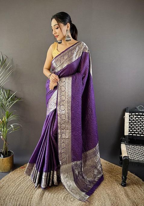 Purple Embroidered Blended Saree Set