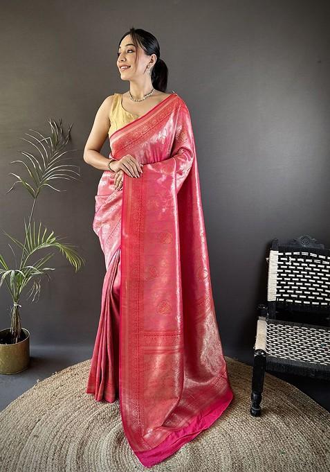 Pink Jacquard Blended Saree Set