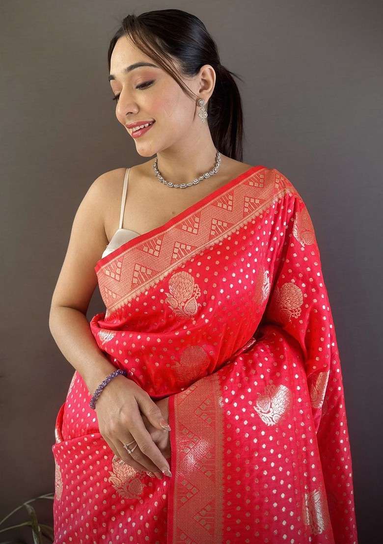 Red Embroidered Blended Saree Set - Indya