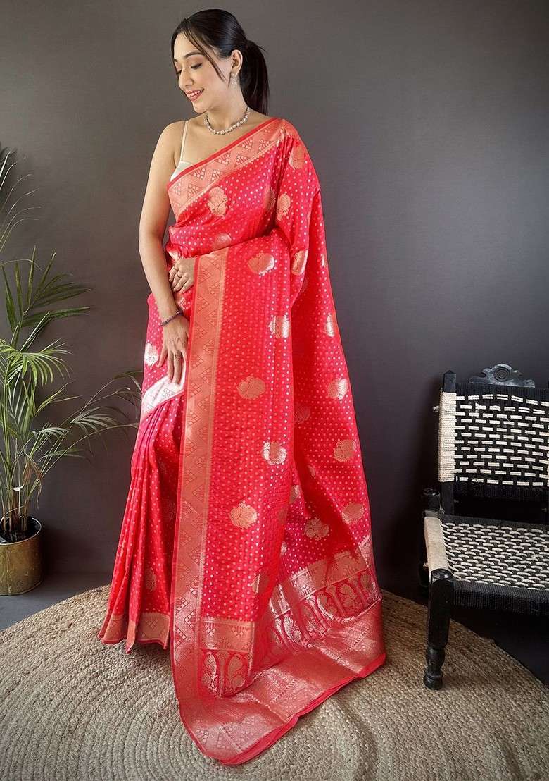 Red Embroidered Blended Saree Set - Indya