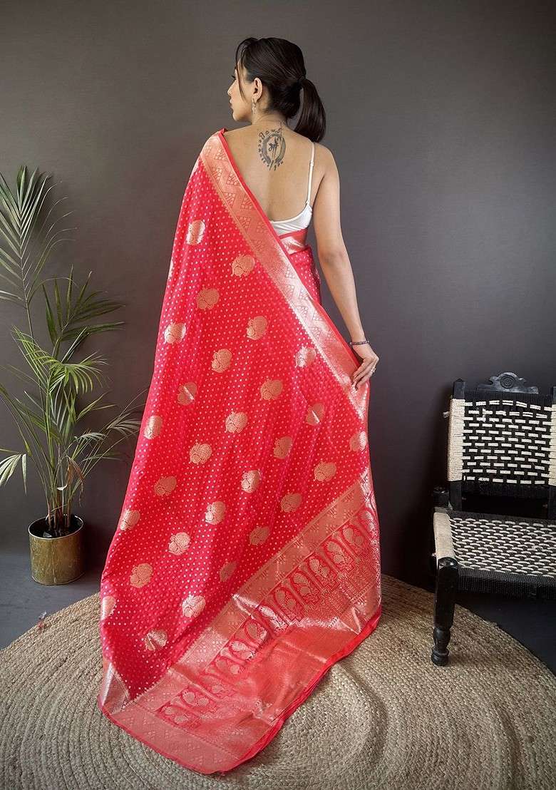 Red Embroidered Blended Saree Set - Indya