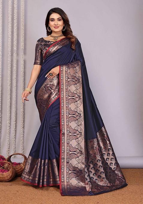 Navy Blue Embroidered Blended Saree Set