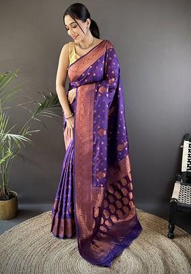 Purple Jacquard Blended Saree Set