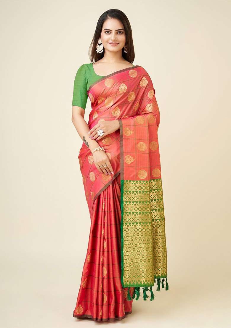Peach Blended Saree Set with Printed for Diwali | Wedding & Festive Wear - Indya