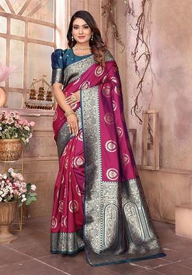 Burgundy Embroidered Blended Saree Set
