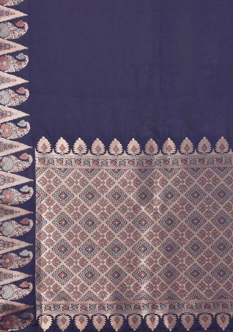 Navy Blue Embroidered Blended Saree Set for Diwali and Festive Wear - Indya