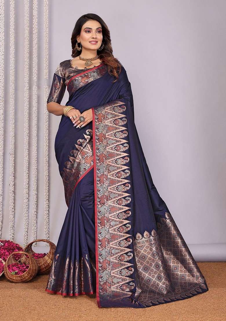 Navy Blue Embroidered Blended Saree Set for Diwali and Festive Wear - Indya