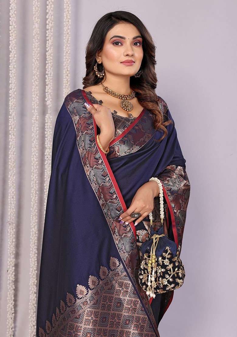 Navy Blue Embroidered Blended Saree Set for Diwali and Festive Wear - Indya