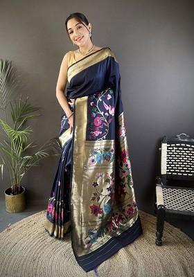 Navy Blue Embroidered Blended Saree Set