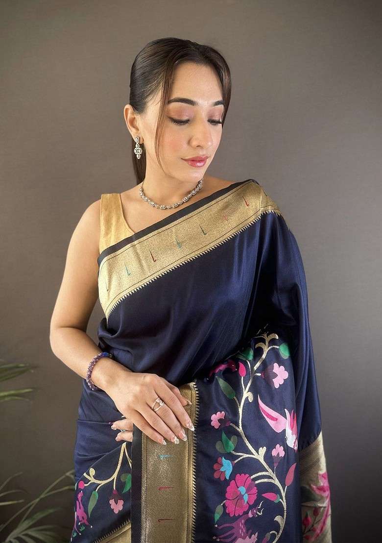 Navy Blue Embroidered Blended Saree Set for Diwali and Festive Wear - Indya
