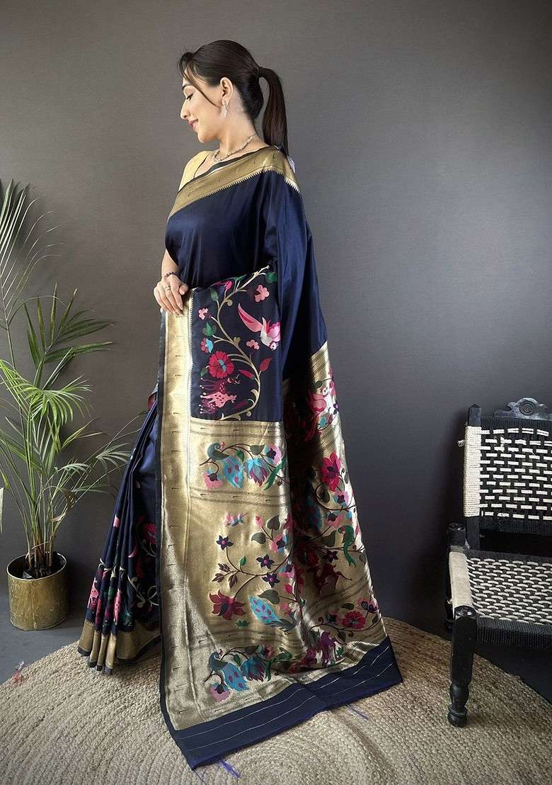Navy Blue Embroidered Blended Saree Set for Diwali and Festive Wear - Indya