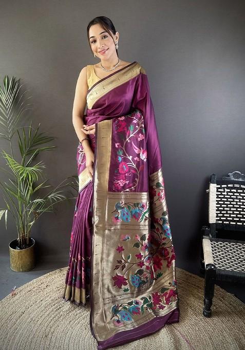 Purple Embroidered Blended Saree Set
