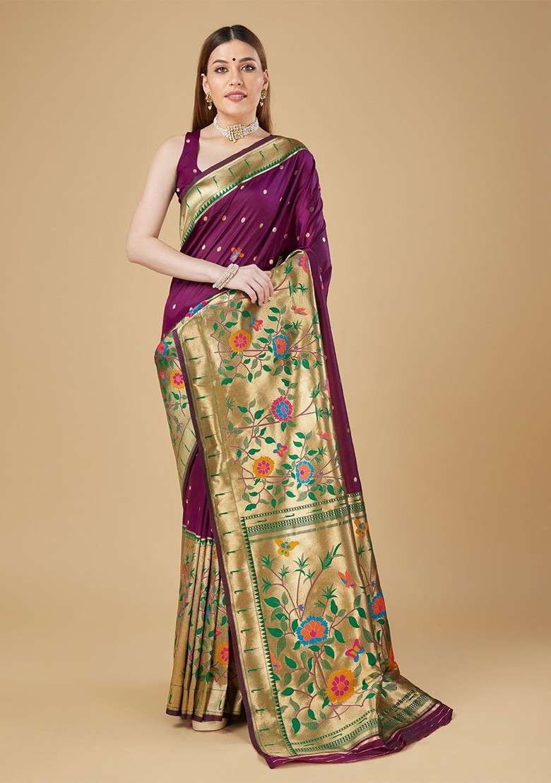 Purple Blended Saree Set with Printed for Diwali | Wedding & Festive Wear - Indya
