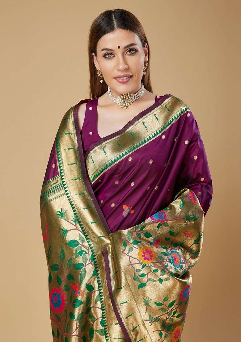 Purple Blended Saree Set with Printed for Diwali | Wedding & Festive Wear - Indya
