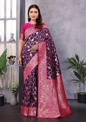 Purple Jacquard Blended Saree Set