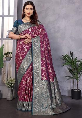 Burgundy Embroidered Blended Saree Set